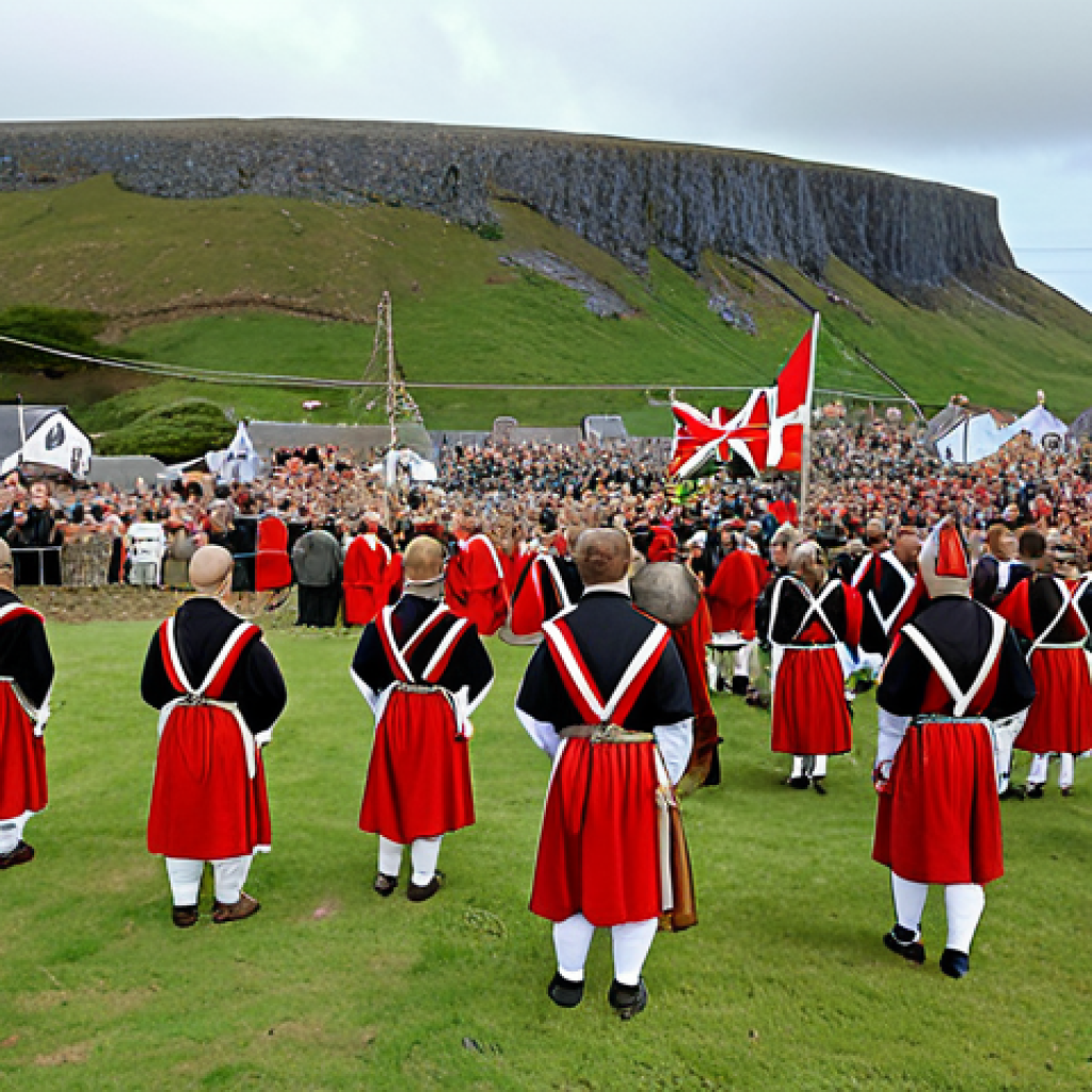 A vibrant scene capturing Tynwald Day on the Isle of Man. Depict people in traditional attire celebrating amidst a backdrop of ancient Viking gathering sites. Include traditional music, dance, and the reading of laws in Manx and English to convey the island's rich Gaelic heritage.