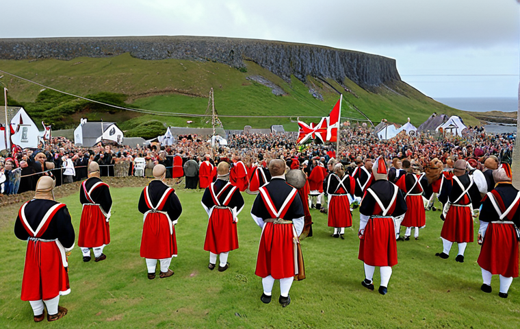 A vibrant scene capturing Tynwald Day on the Isle of Man. Depict people in traditional attire celebrating amidst a backdrop of ancient Viking gathering sites. Include traditional music, dance, and the reading of laws in Manx and English to convey the island's rich Gaelic heritage.