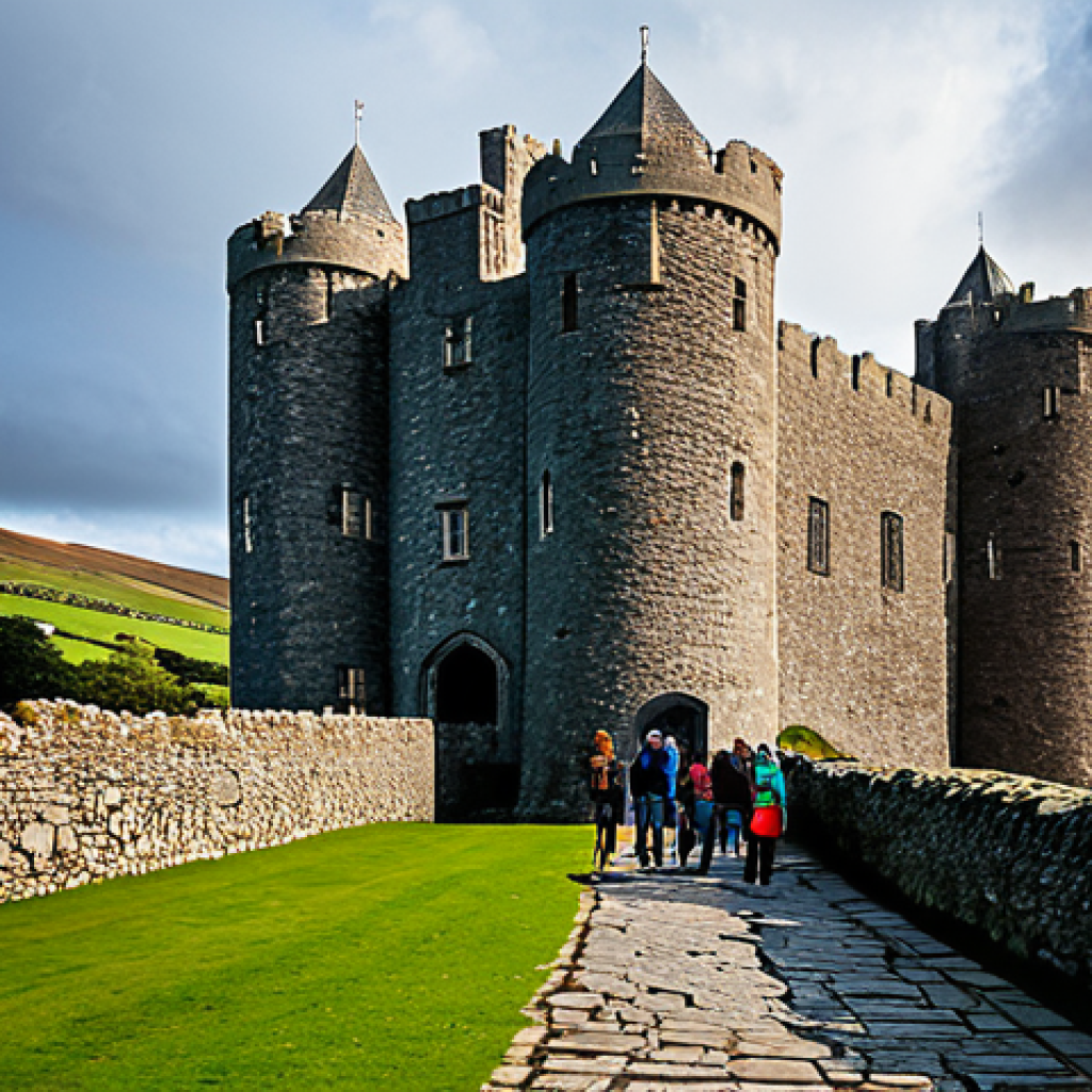 Rushen Castle Exterior**

"An imposing view of Castlerush (Rushen Castle) in the Isle of Man, stone walls and towers visible against a dramatic sky, fully clothed tourists exploring the grounds, appropriate content, safe for work, perfect anatomy, correct proportions, professional architecture photography, high quality, family-friendly"

**