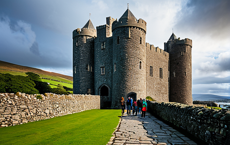 Rushen Castle Exterior**

"An imposing view of Castlerush (Rushen Castle) in the Isle of Man, stone walls and towers visible against a dramatic sky, fully clothed tourists exploring the grounds, appropriate content, safe for work, perfect anatomy, correct proportions, professional architecture photography, high quality, family-friendly"

**