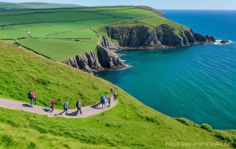 맨섬 친환경 정책 - **Prompt:** A vibrant, panoramic shot of the Isle of Man's lush green rolling hills meeting the dram...