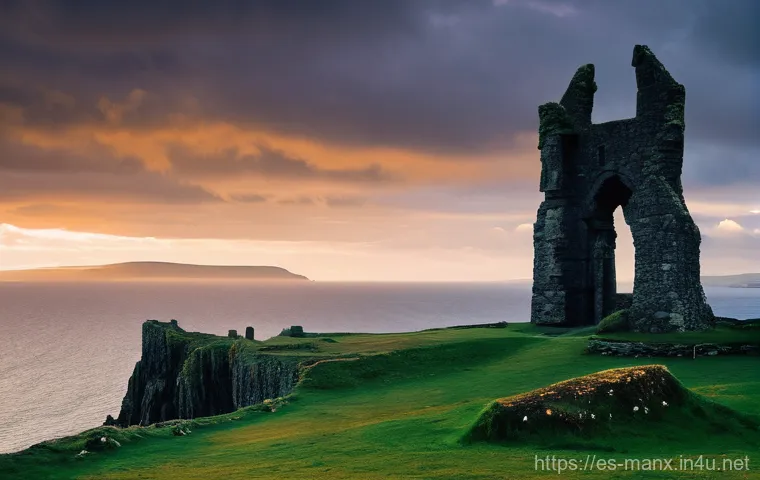 맨섬 관광 정책 업데이트 - **Prompt: "A majestic, weathered Peel Castle on the Isle of Man, dramatically positioned atop a rugg...