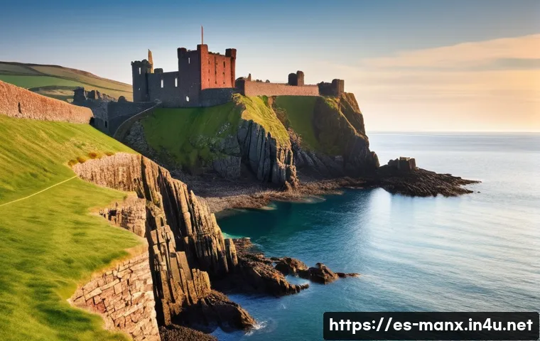 맨섬 관광 명소 - **Prompt:** A picturesque view of Peel Castle on the Isle of Man, majestically standing on a rugged ...