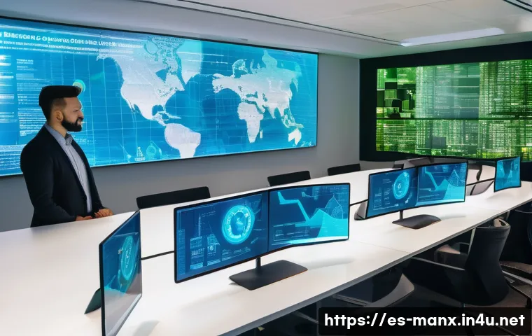 맨섬 크립토 산업 - A futuristic office setting on the Isle of Man showcasing a diverse group of young professionals col...