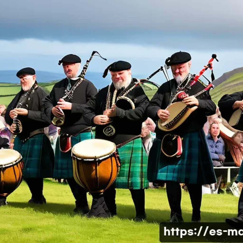 맨섬 셀틱 문화 - A vibrant scene of a traditional Celtic music festival on the Isle of Man, featuring musicians playi...