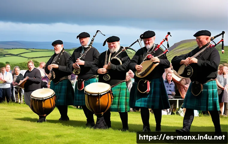 맨섬 셀틱 문화 - A vibrant scene of a traditional Celtic music festival on the Isle of Man, featuring musicians playi...