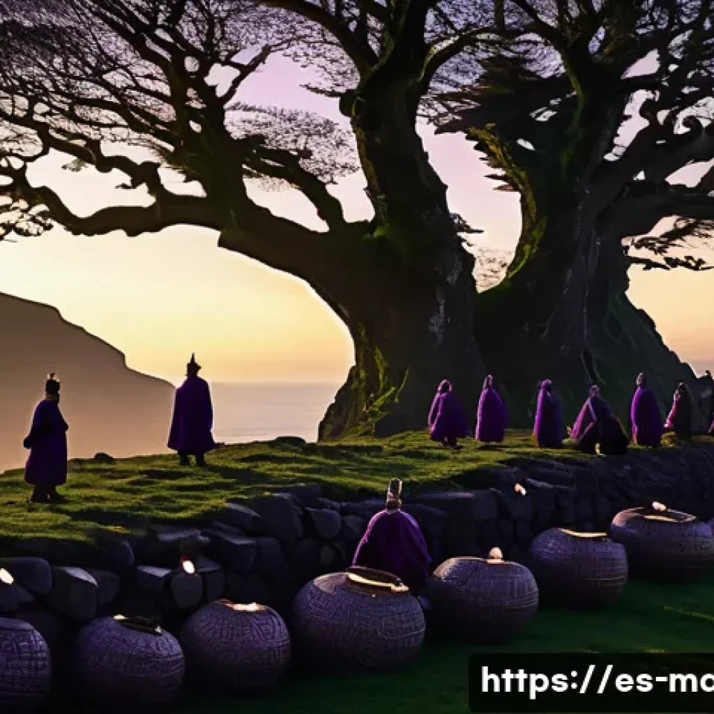 맨섬의 종교와 신앙 - A mystical scene set on the Isle of Man during the Hop-tu-Naa festival in autumn twilight, featuring...