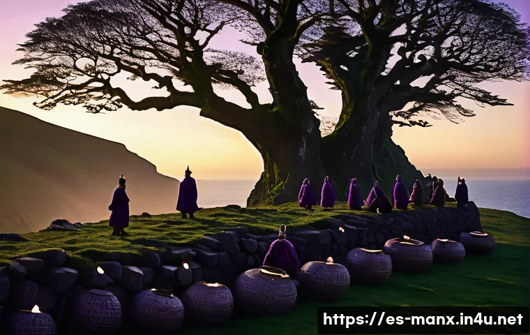 맨섬의 종교와 신앙 - A mystical scene set on the Isle of Man during the Hop-tu-Naa festival in autumn twilight, featuring...