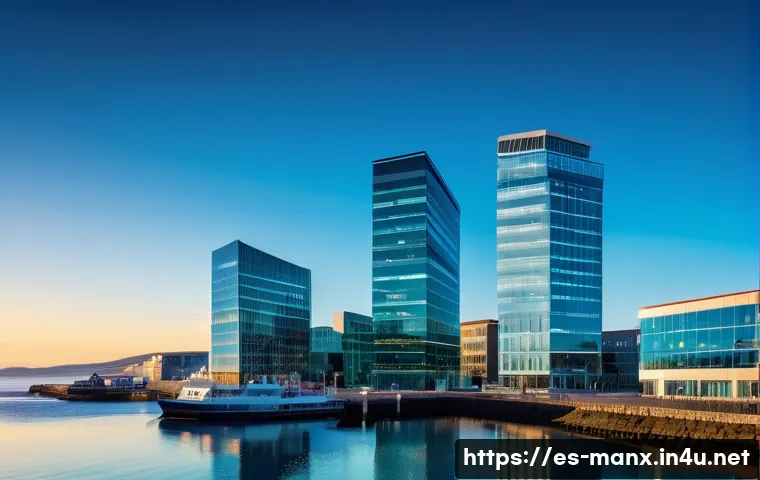 맨섬과 조세 피난처 논란 - A modern business district on the Isle of Man at sunrise, showcasing sleek glass office buildings wi...
