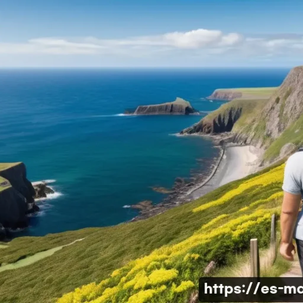 맨섬 vs 건지섬 - A scenic coastal landscape of the Isle of Man featuring rugged cliffs, a winding mountain hiking tra...