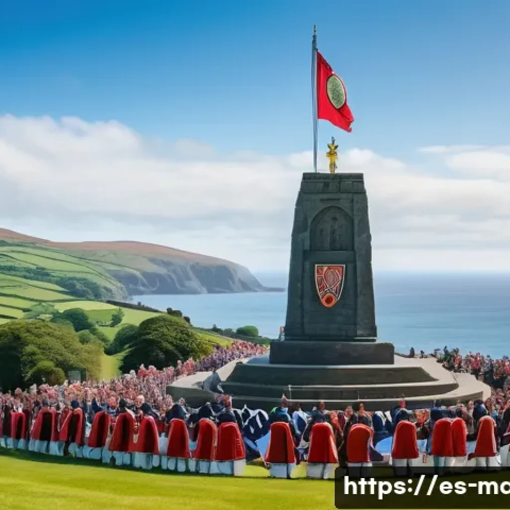 맨섬과 영국 왕실 관계 - A vibrant scene depicting Tynwald Day on the Isle of Man: a traditional outdoor gathering with islan...