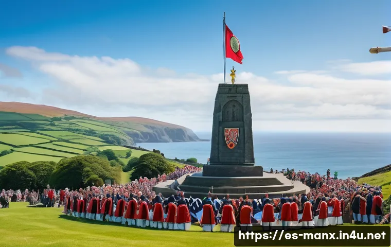 맨섬과 영국 왕실 관계 - A vibrant scene depicting Tynwald Day on the Isle of Man: a traditional outdoor gathering with islan...