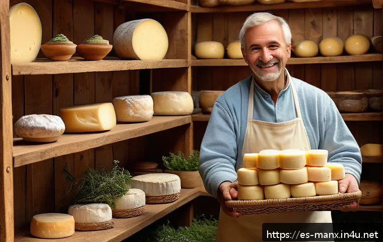 맨섬 특산품 - A rustic Manx farm kitchen scene showcasing artisanal cheese making: a middle-aged cheesemaker weari...