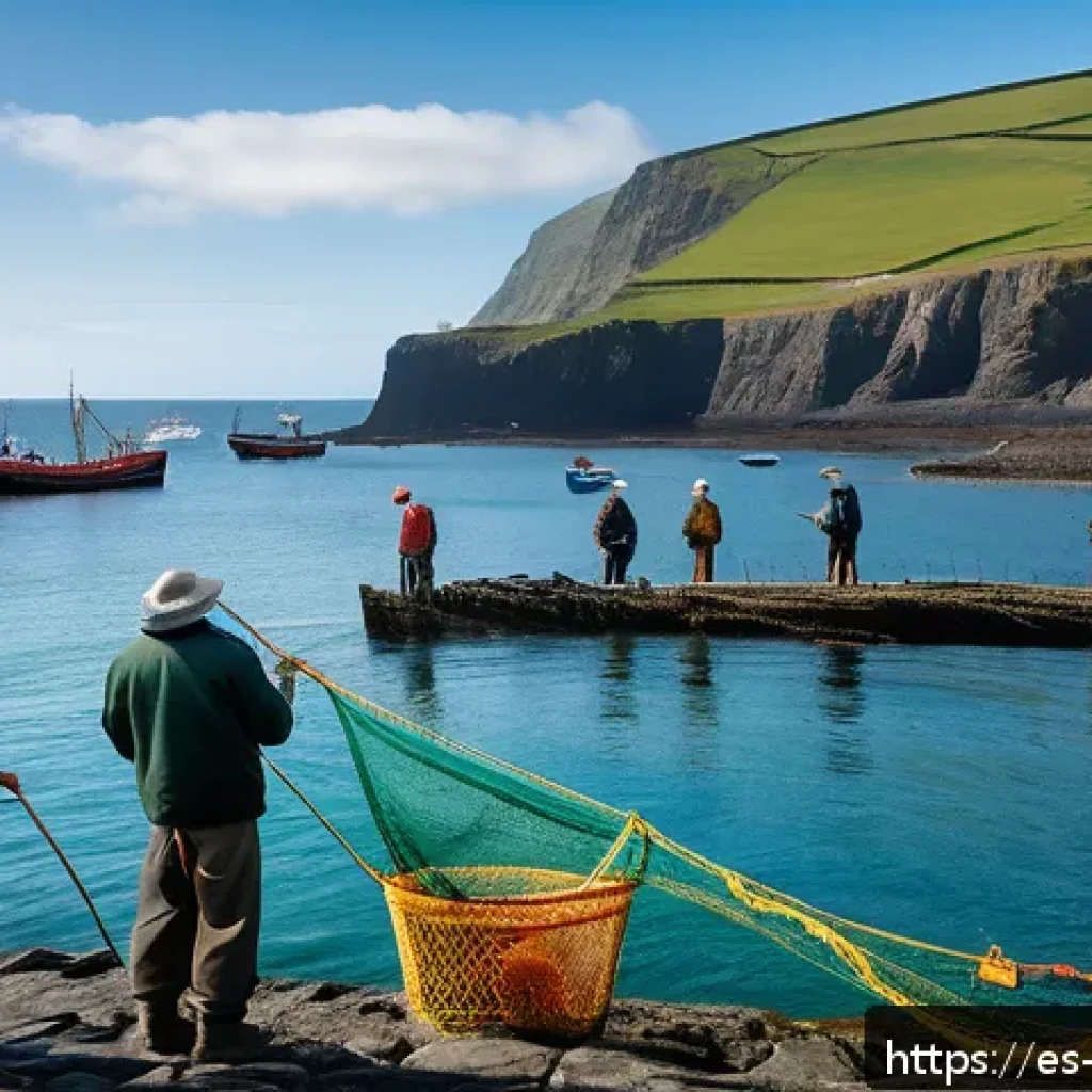 맨섬 전통 낚시 대회 - A vibrant scene depicting fishermen of all ages on the Isle of Man, dressed in traditional fishing a...