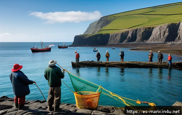 맨섬 전통 낚시 대회 - A vibrant scene depicting fishermen of all ages on the Isle of Man, dressed in traditional fishing a...