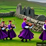 맨섬 켈트족 유산 - A vibrant traditional Manx festival scene at sunset, with locals dressed in colorful Celtic-inspired...