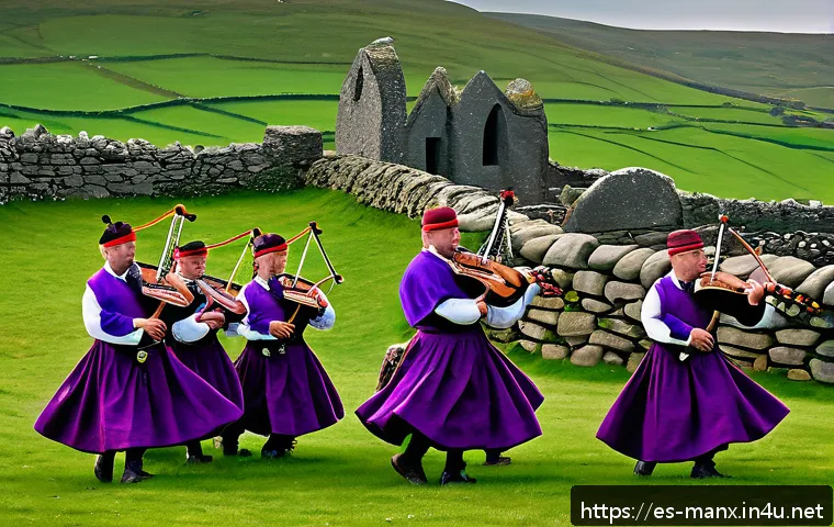 맨섬 켈트족 유산 - A vibrant traditional Manx festival scene at sunset, with locals dressed in colorful Celtic-inspired...