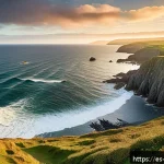 맨섬 여행 필수 정보 - A panoramic view of the Isle of Man&rsquo;s rugged coastline during golden hour, featuring steep cliffs, g...