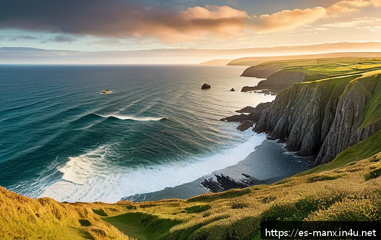 맨섬 여행 필수 정보 - A panoramic view of the Isle of Man&rsquo;s rugged coastline during golden hour, featuring steep cliffs, g...