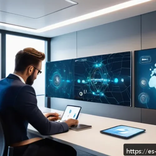 맨섬 IT 산업 성장 - A futuristic technology hub on the Isle of Man, showing a sleek, modern office space filled with div...