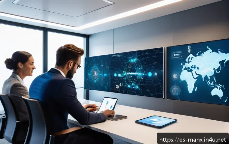 맨섬 IT 산업 성장 - A futuristic technology hub on the Isle of Man, showing a sleek, modern office space filled with div...