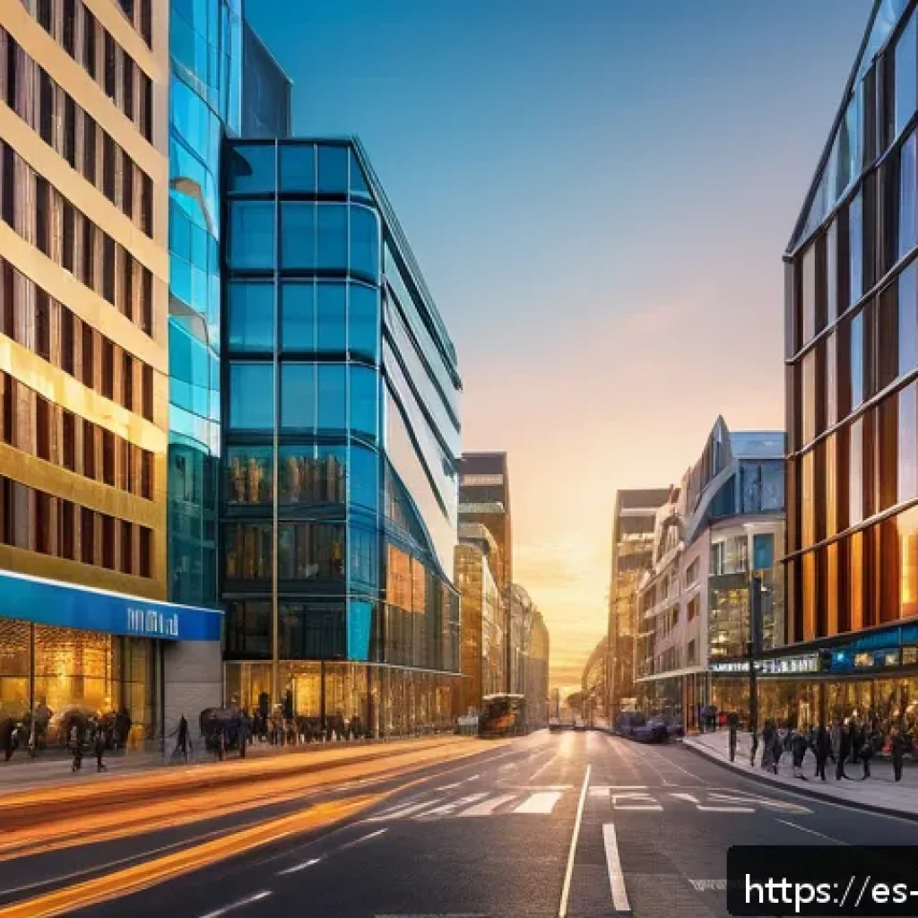 맨섬 주요 산업 - A vibrant financial district in the Isle of Man at sunset, showcasing modern glass skyscrapers combi...