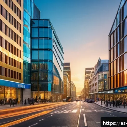 맨섬 주요 산업 - A vibrant financial district in the Isle of Man at sunset, showcasing modern glass skyscrapers combi...