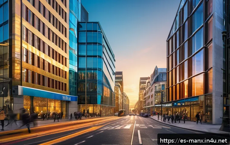 맨섬 주요 산업 - A vibrant financial district in the Isle of Man at sunset, showcasing modern glass skyscrapers combi...
