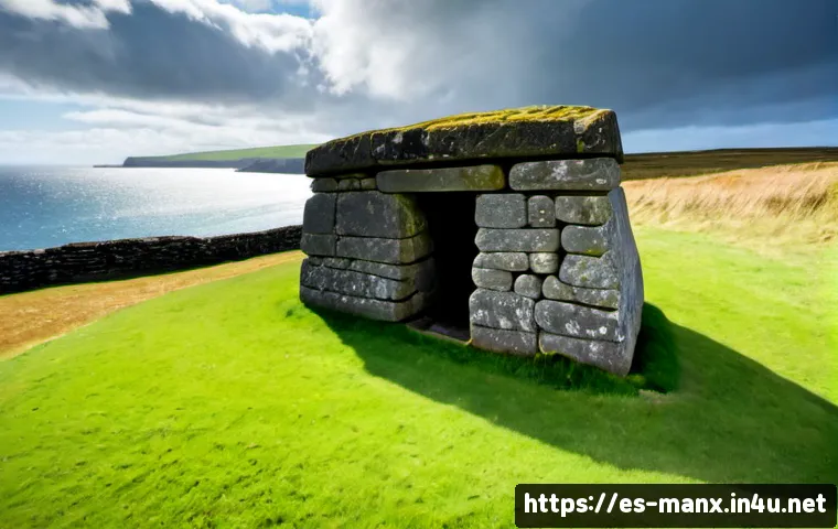 맨섬 고대 유적지 - Photorealistic wide-angle view of an ancient Neolithic stone tomb on the Isle of Man, weathered upri...